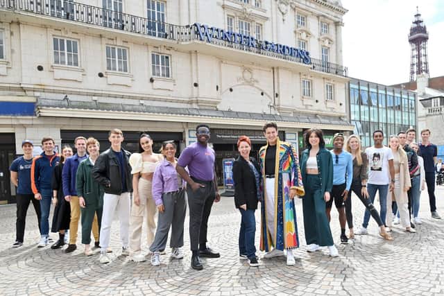 Joseph and the Amazing Technicolour Dreamcoat , at the Winter Gardens  until Sat July 30 . Pictured: The Cast with (Left)  Narrator Linzi  Hateley and Jac Jarrow  who plays Joseph
