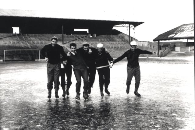Ice Skating at Blackpool's Bloomfield Road in 1963 - Blackpool FC players ice skating on the frozen pitch