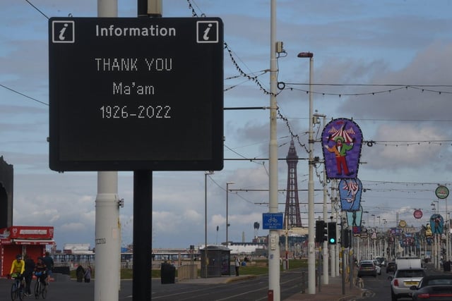 A thank you message to Her Majesty displayed along the Promenade in Blackpool.