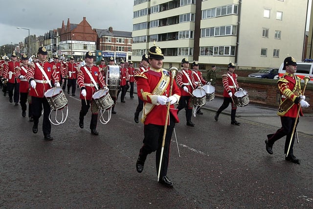 The Regiment band of the Queens Lancashire regiment march through St Annes for the Trooping of the Colour