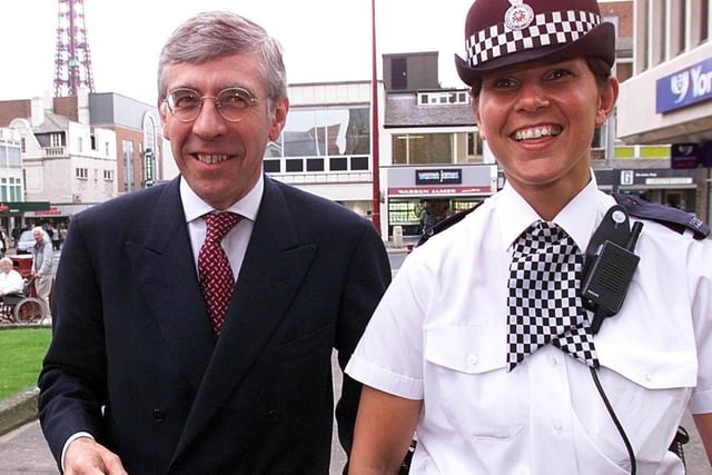 Home secretary Jack Straw shares a joke with WPC Julia Benn of Lancashire police before, addressing the Police Federation Annual Conference, at the Winter Gardens