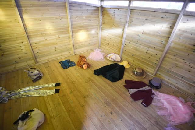 Inside one of the wooden teepees in the new play area at Larkholme Primary School in memory of Lucy Willacy-Brown