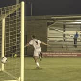 Luke Charman opens the scoring for Fylde against Kidderminster Harriers   Picture: STEVE MCLELLAN