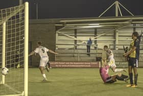 Luke Charman opens the scoring for Fylde against Kidderminster Harriers   Picture: STEVE MCLELLAN