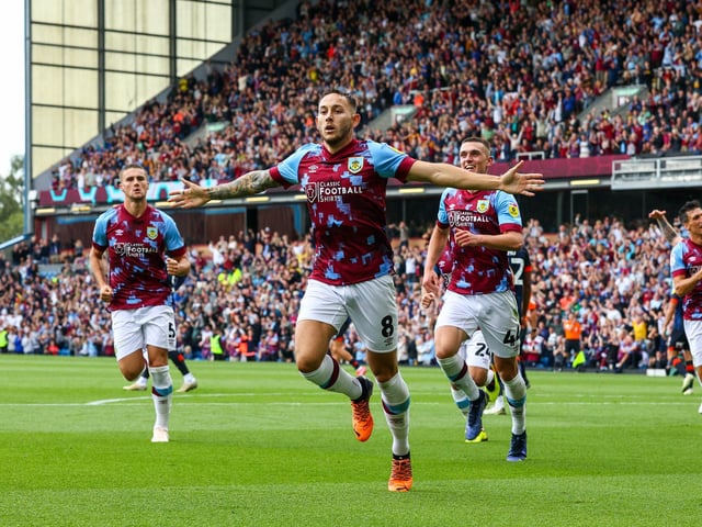 Burnley's Josh Brownhill celebrates scoring his side's first goal
The EFL Sky Bet Championship - Burnley v Luton Town - Saturday 6th August 2022 - Turf Moor - Burnley