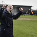 AFC Fylde boss Adam Murray celebrates the win over Darlington Picture: STEVE MCLELLAN