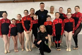 Angela Rippon and Kai Widdrington rehearsed at Centre Stage Academy. Pictured with pupils and principal, Nicky Figgins
