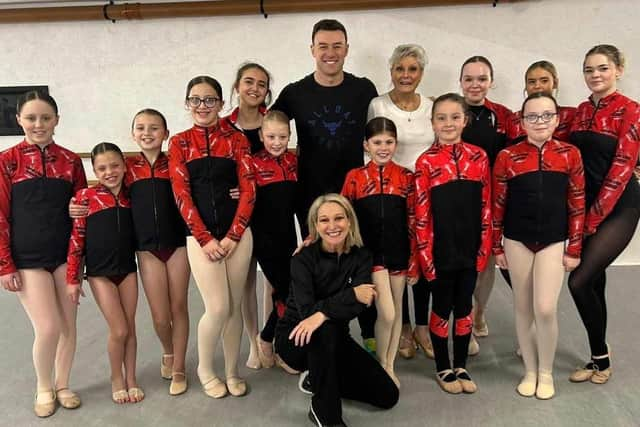 Angela Rippon and Kai Widdrington rehearsed at Centre Stage Academy. Pictured with pupils and principal, Nicky Figgins