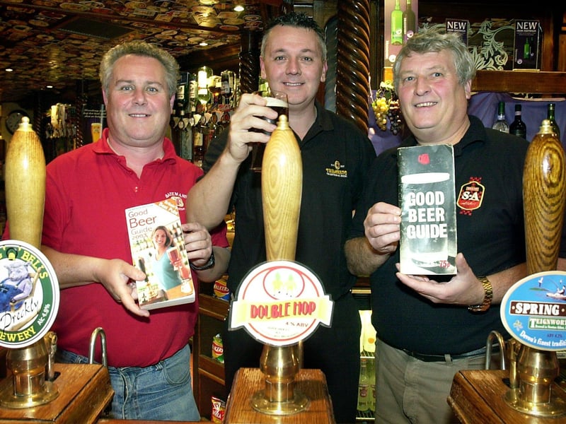 CAMRA officially launched its 2003 Good Beer Guide at The Shovels pub in South Shore. Pictured L-R: Vice-Chairman CAMRA West Pennines Gary Levin, Shovels landlord Steve Norris, and Regional Director CAMRA West Pennines Ray Jackson, who is holding a copy of the original 1974 Good Beer Guide