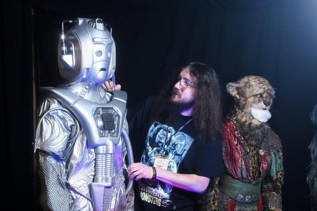 Connor Hart. is pictured with a Cyberman at the Dr Who convention Invasion Blackpool at Viva