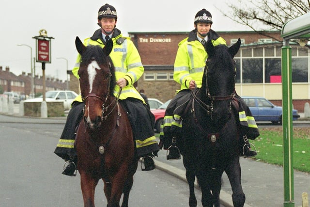 This was Operation Synergy in 1997 when Mounted Police Officers Lynne Monk and Keith Jackson on Dinmore Avenue, Grange Park