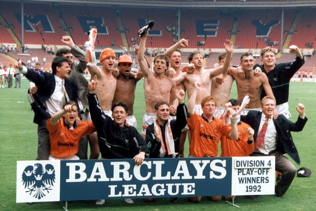 Blackpool players celebrate after their win against Scunthope in the 1992 Fourth Division Play-off Final