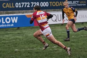 Jordan Dorrington scores the first of his two tries against Rotherham Titans Picture: CHRIS FARROW / FYLDE RFC