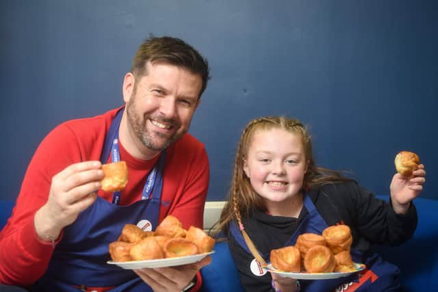 Yorkshire Pudding Day at Flakefleet Primary School. Pictured is headteacher Dave McPartlin with deputy head girl Skye Taylor.