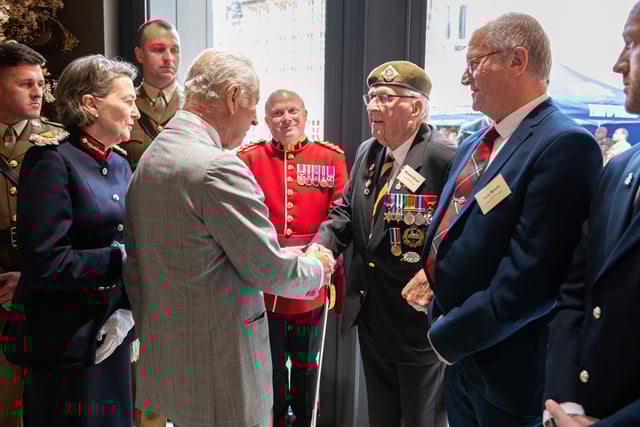 King Charles III speaks with 101-year-old Richard Brock a D-Day Veteran from Lancaster. Photo: Kelvin Lister-Stuttard.