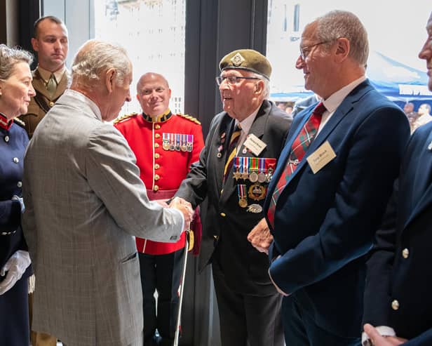 King Charles III speaks with 101-year-old Richard Brock a D-Day Veteran from Lancaster. Photo: Kelvin Lister-Stuttard.