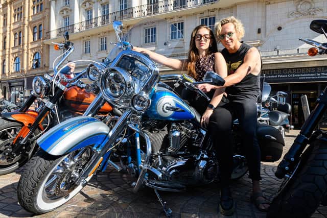 Martha Kirby (Raven) and Glenn Adamson (Strat) on a Harley-Davidson ouside the Winter Gardens in Blackpool for the launch of the Bat Out Of Hell Musical.  Photo: Kelvin Stuttard