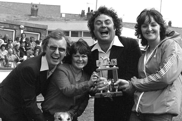 Little and Large with a fan and Jimmy Krankie at Blackpool Greyhound track back in 1979