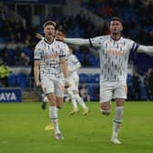 Gary Madine celebrates after scoring Blackpool's equaliser against his former club