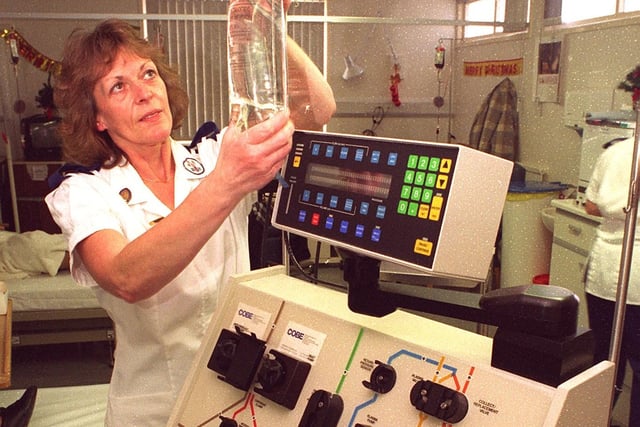 Staff Nurse Barbara Bradley setting up the Automatic Cell Separator in the haematology unit at Blackpool Victoria Hospital in 1996