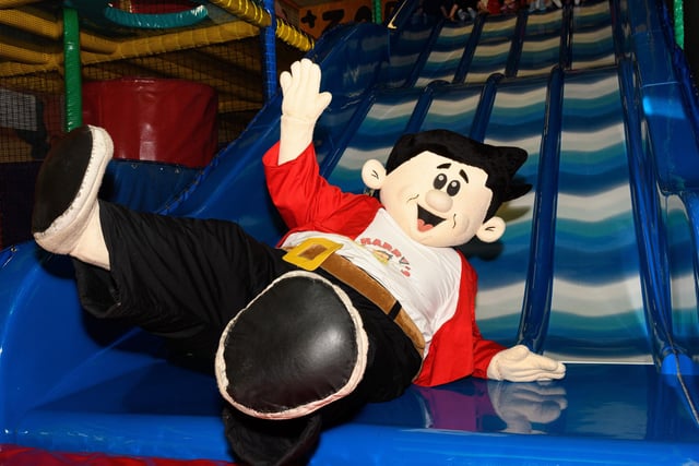 Mascot Harry celebrates the reopening of Harry's Play Centre in St Annes