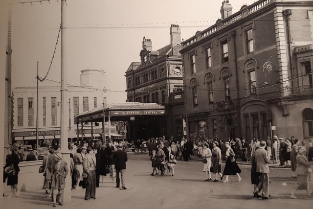 Blackpool Central, 1954 - a bustling scene. Note the old Marks and Spencer building in the background, it's McDonalds now