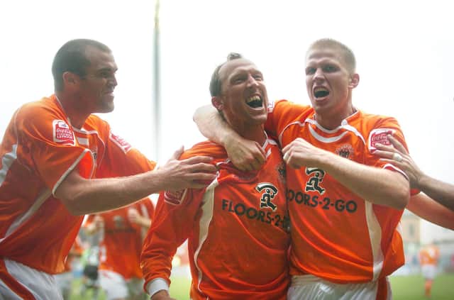 Blackpool's Andy Morrell celebrates his goal. Keith Southern, as he was with most things during the afternoon, was at the heart of it. A short corner found him on the edge of the box and he fired in a powerful drive which somehow Morrell managed to divert into the net.