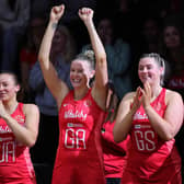 England's Amy Carter, Hannah Joseph, Sasha Glasgow and Eleanor Cardwell celebrate during Sunday's win over South Africa in Nottingham Picture: Jan Kruger/Getty Images