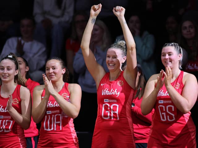 England's Amy Carter, Hannah Joseph, Sasha Glasgow and Eleanor Cardwell celebrate during Sunday's win over South Africa in Nottingham Picture: Jan Kruger/Getty Images