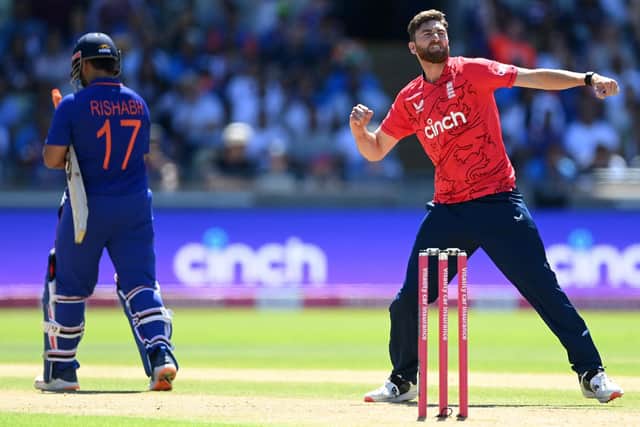 Richard Gleeson celebrates taking the wicket of India's Rishabh Pant on his England T20 debut in July 2022 Picture: Stu Forster/Getty Images
