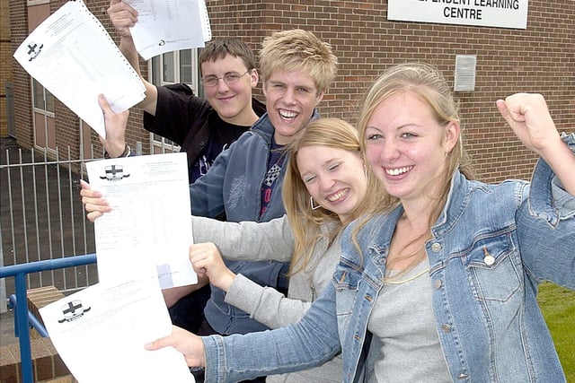 Pupils at St George's High School in Blackpool receiving their GCSE exam results. Pictured are Ben Edwards, Camryn Boshoff, Carinne Ashworth and Sam Fletcher