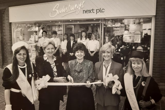 Evening Gazette feature writer Jackie Heap cuts the ribbon to officially open the new Salisbury's store in Victoria Street, 1988