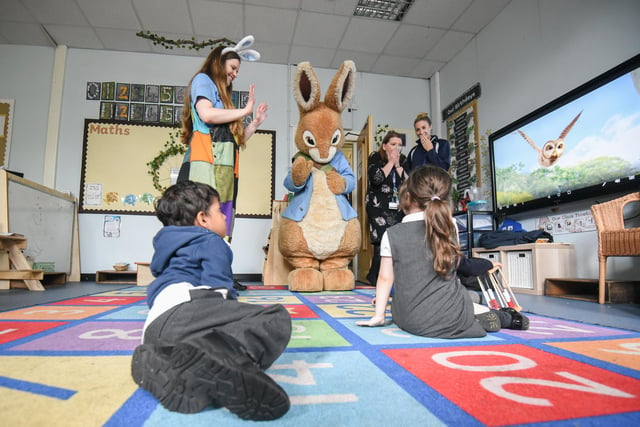 Peter Rabbit meets pupils at Westminster Primary School in Blackpool