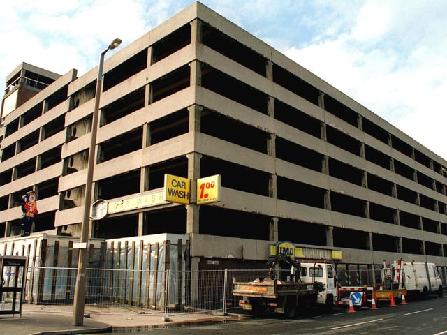 Ready for flattening in 1997 - the multi-storey car park at the junction of Central Drive and Rigby Road
