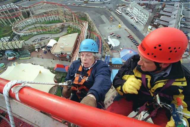 Grandmother Barbara Page abseils down the Big One at Blackpool Pleasure Beach