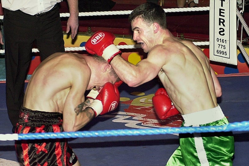Boxing in Blackpool Tower Circus Ring. Blackpool's Alan Campbell (right)  puts the pressure on Richard Inquieti