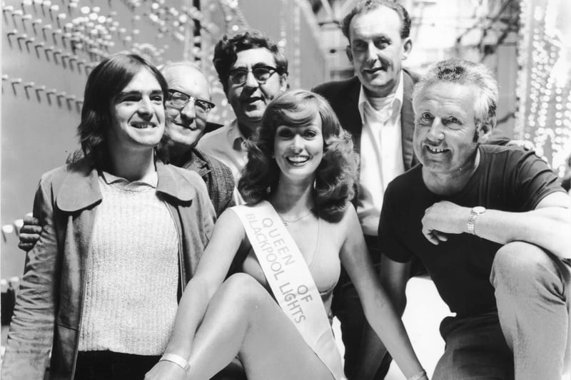 Queen of the Blackpool Lights Pauline Davies, chosen by these Illuminations workers in 1975. Pictured are Graham Ogden, George Danier, Ted Bentley, Pauline Davies, Albert Borrowdale and Bert Dilworth