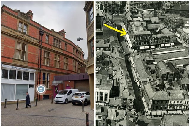 This collage shows where Town Hall Street used to be. It's remnants are still there where the town hall and Blackpool Council Services buildings join