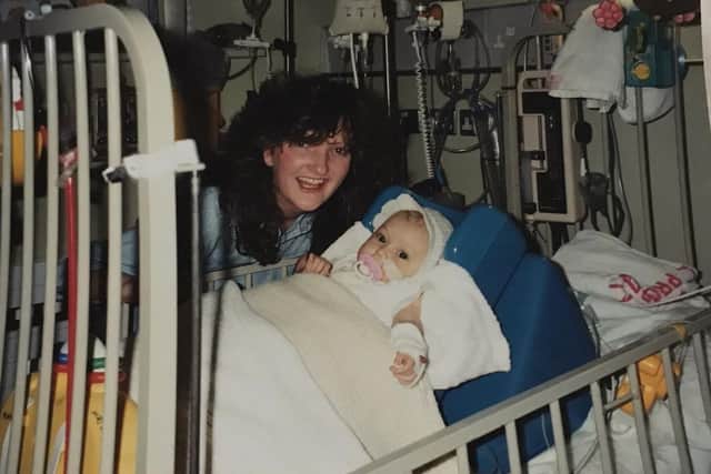 Hannah as a baby with her mum Jacqueline MacPherson in hospital.