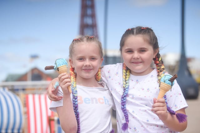Lacey Johnson and Kaylin Lowndes, both aged 8, cool down with ice cream on Blackpool promenade.