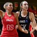 England's Eleanor Cardwell competing against New Zealand's Kelly Jury during their Netball World Cup semi-final in Cale Town (Photo by Ashley Vlotman/Gallo Images/Netball World Cup 2023 via Getty Images)