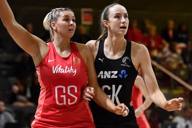 England's Eleanor Cardwell competing against New Zealand's Kelly Jury during their Netball World Cup semi-final in Cale Town (Photo by Ashley Vlotman/Gallo Images/Netball World Cup 2023 via Getty Images)
