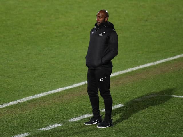 Darren Moore, manager of Doncaster Rovers, looks on during the Sky Bet League One match between Doncaster Rovers and Rochdale at Keepmoat Stadium on January 19, 2021.