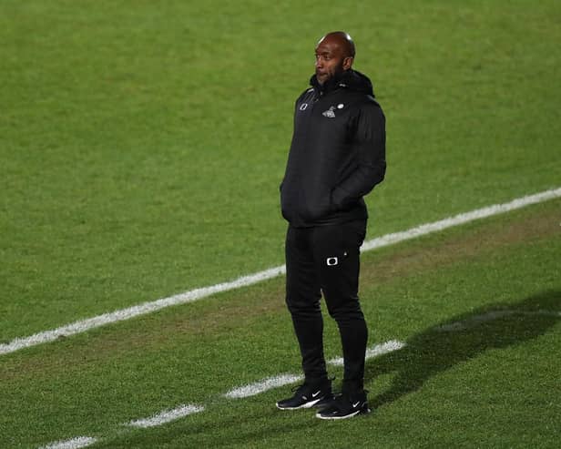 Darren Moore, manager of Doncaster Rovers, looks on during the Sky Bet League One match between Doncaster Rovers and Rochdale at Keepmoat Stadium on January 19, 2021.