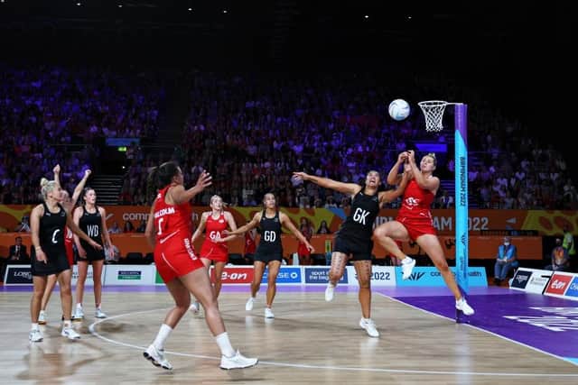 Eleanor Cardwell (far right) in action for England against New Zealand
