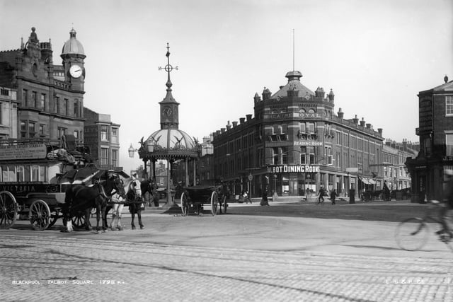 Talbot Square in Blackpool, with the Theatre Royal and Talbot Dining Rooms in the background, circa 1893