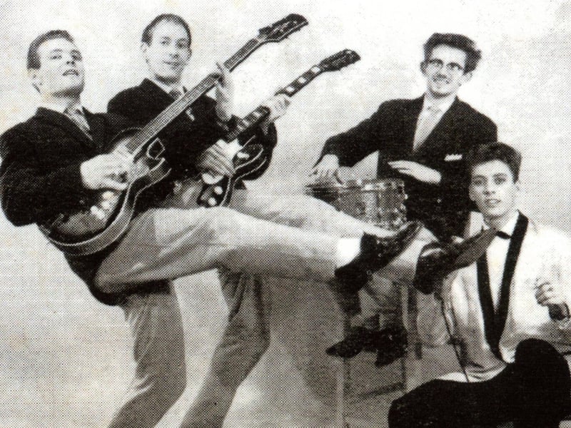 1960s Blackpool group The Four Hy-Fy's. Pictured left to right are Irving McLeod (bass),  Norman Dean (lead), Geoff Lean (drummer), and Barry Stott (vocals)