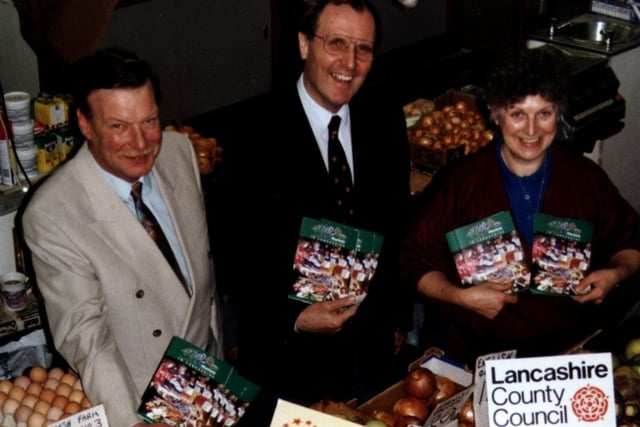 Pictured at St John's Market launching Lancashire County Council's new booklet "The Magic of the Markets in Lancashire" are L-R Councillor Stan Hill, Vice-Chairman of Blackpool's Tourism and Leisure Committee, County Councillor Roy Lewis, Chairman of Lancashire's Tourism Sub-Committee, and Mrs Phyllis Riley, stall holder, 1997