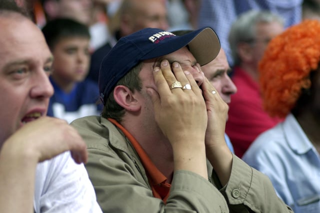 The agony. This fan can't bear to watch at Blackpool FC's Division Three play-off final against Leyton Orient at the Millennium Stadium, Cardiff