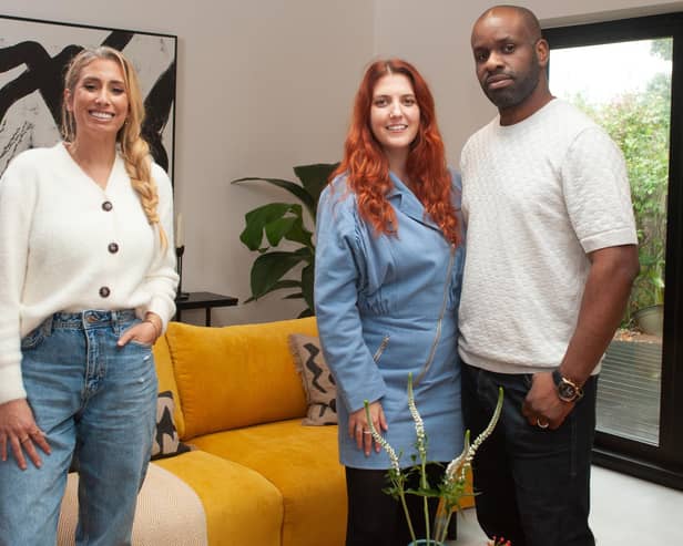 Stacey Solomon (left) helped out Caroline and Erick in the first episode of her new series Stacey Solomon: Renovation Rescue (Picture: Matt McQuillan/Channel 4)